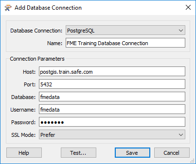 Adding the FME Training Database Connection